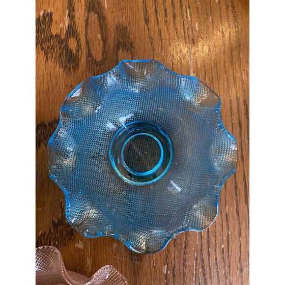 Set Of 3 Vintage Colony Blue & Pink Ruffled Waffle Glass Bowls - Picture 6 of 10